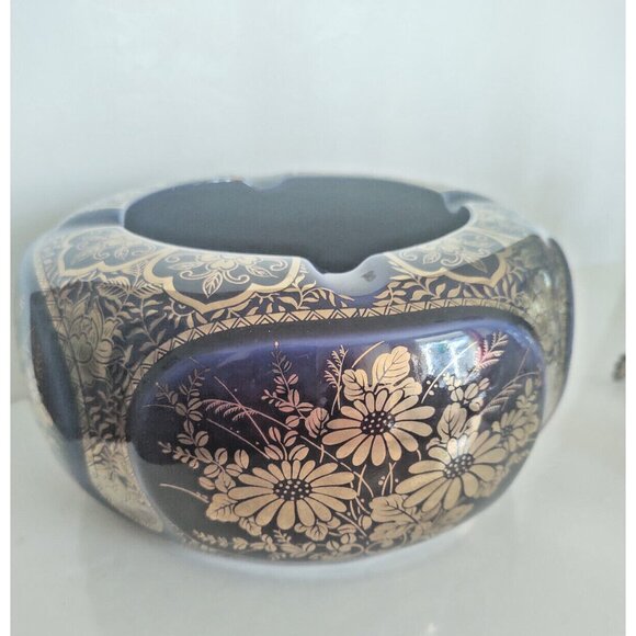 Large Vintage Andrea by Sadek Ceramic Gold & Blue Floral Ashtray 7" - Picture 7 of 16